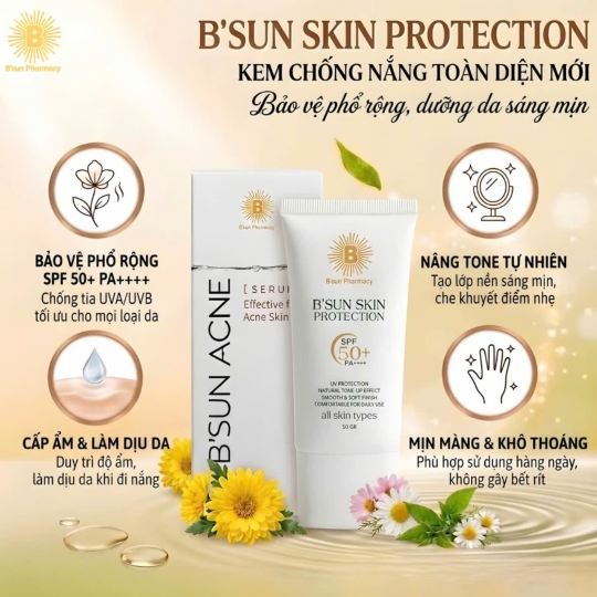 B'Sun Kem Chống Nắng B'Sun Skin Protection SPF50+ PA+ + + + Nâng Tone Kiềm Dầu Bảo Vệ Da Toàn Diện Chống UVA/UVB (50g)