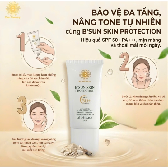 B'Sun Kem Chống Nắng B'Sun Skin Protection SPF50+ PA+ + + + Nâng Tone Kiềm Dầu Bảo Vệ Da Toàn Diện Chống UVA/UVB (50g)