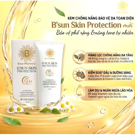 B'Sun Kem Chống Nắng B'Sun Skin Protection SPF50+ PA+ + + + Nâng Tone Kiềm Dầu Bảo Vệ Da Toàn Diện Chống UVA/UVB (50g)