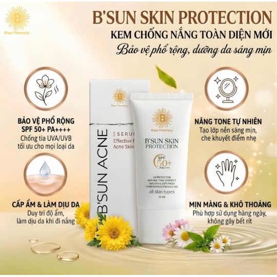 B'Sun Kem Chống Nắng B'Sun Skin Protection SPF50+ PA+ + + + Nâng Tone Kiềm Dầu Bảo Vệ Da Toàn Diện Chống UVA/UVB (50g)